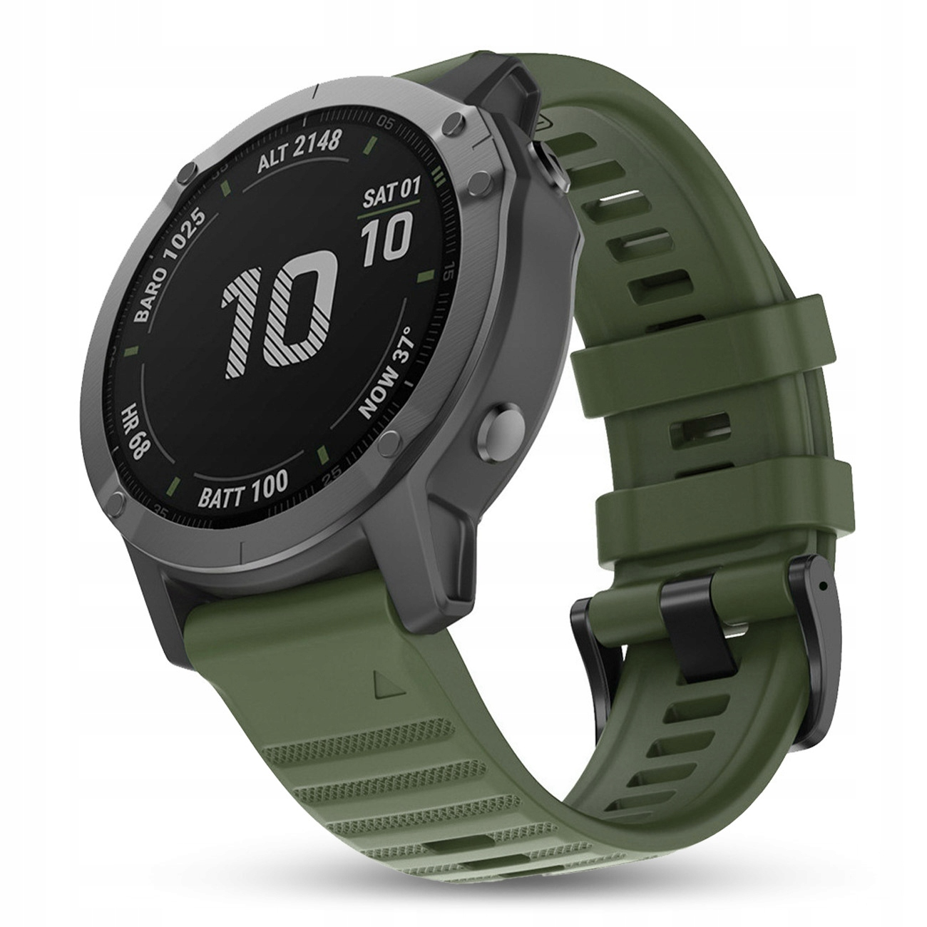 Szary smartwatch z zieloną opaską, pokazuje 10:10, Baro 1025, Alt 2148, HR 68, Batt 100, Now 37°.