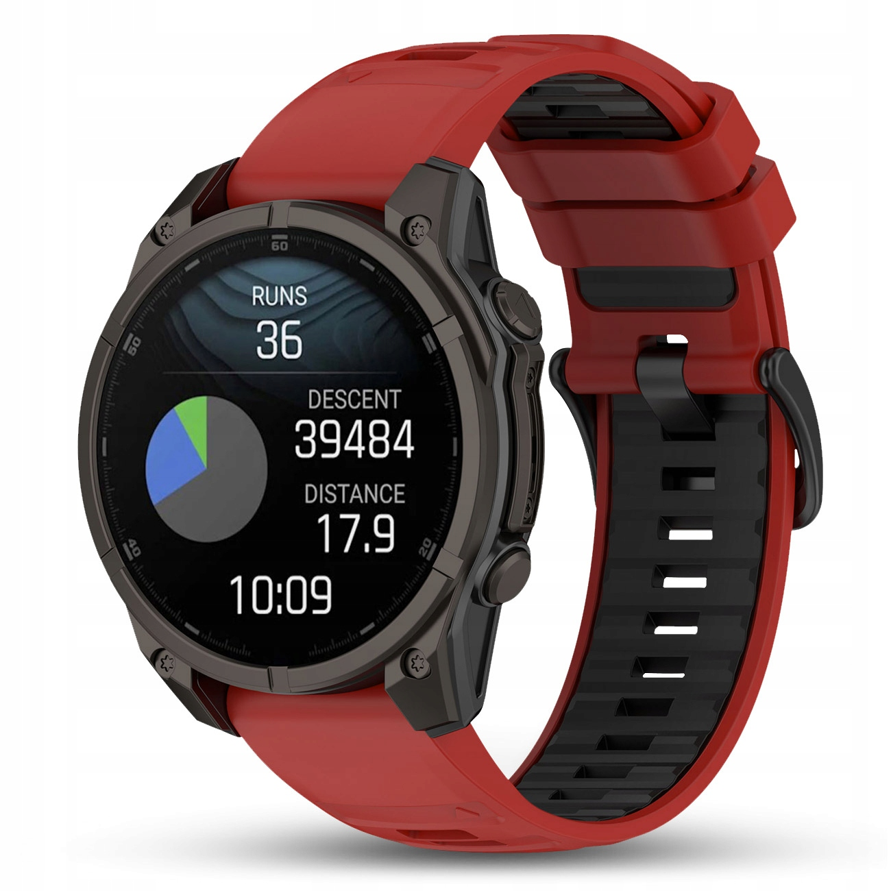 Czerwony smartwatch z czarnym paskiem pokazuje biegi, zjazd i dystans.