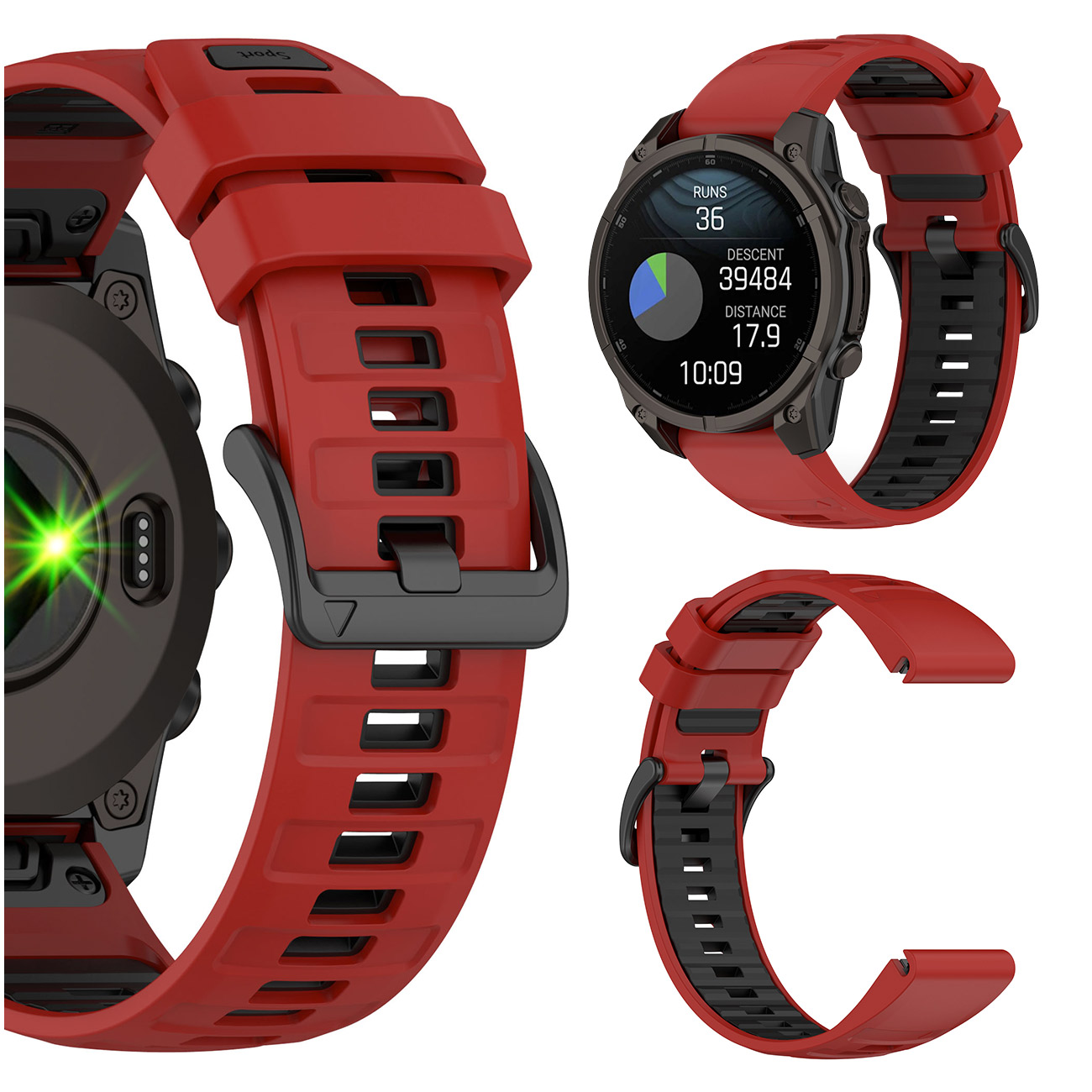 Czerwony smartwatch z czarnym paskiem i sportowymi detalami tarczy.