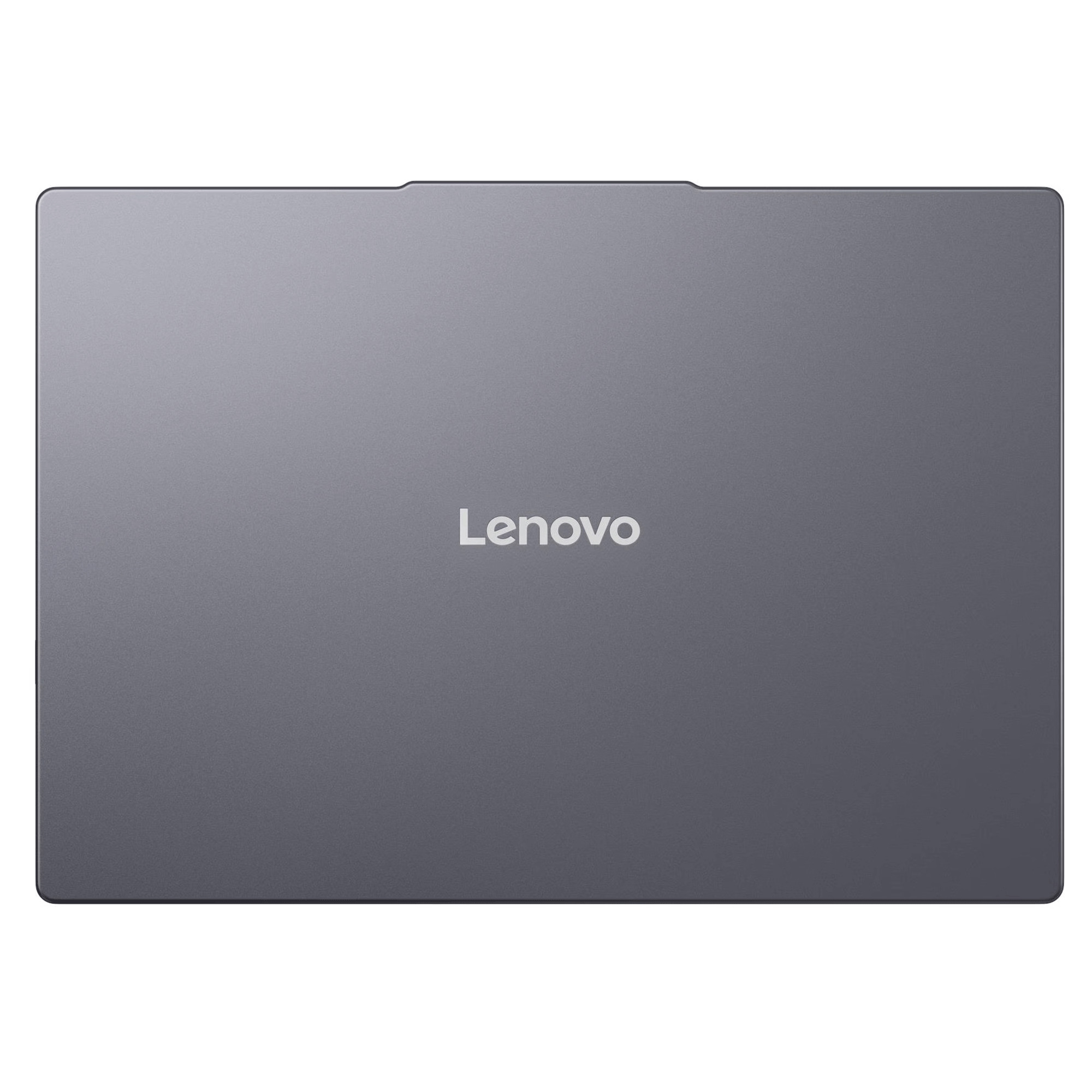 Ortada logo bulunan kapalı gri Lenovo dizüstü bilgisayar.