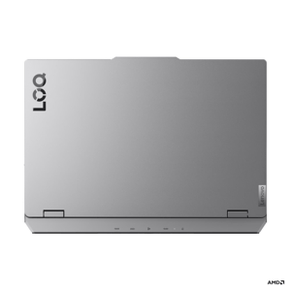 Gri dizüstü bilgisayar "LOQ" ve "Lenovo" logolu. Sağ altta AMD logosu.