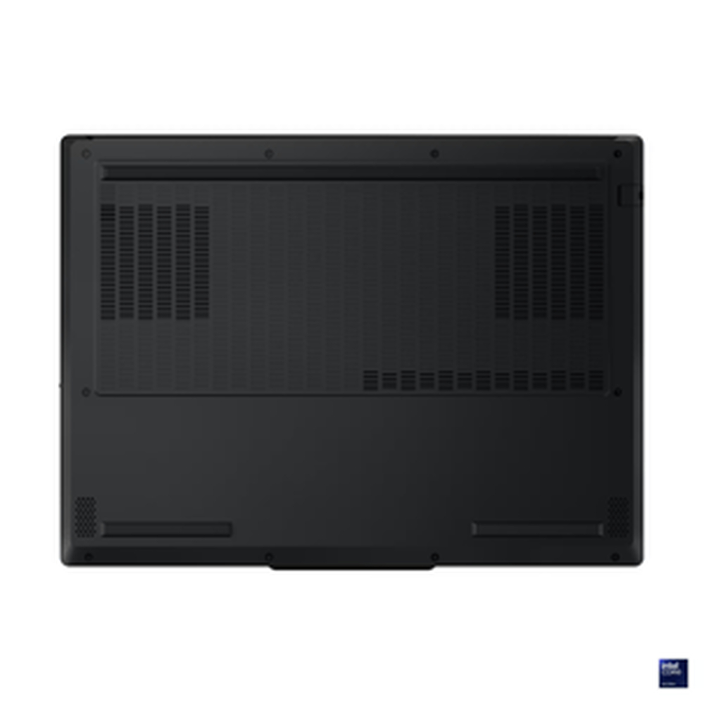 Havalandırma deleri ve Intel logosu bulunan siyah dizüstü bilgisayarın altı.