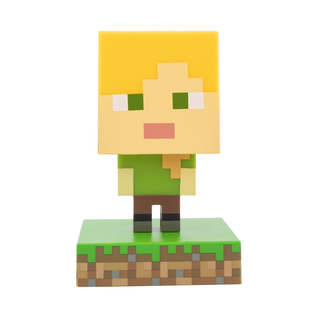 Postać Minecraft Alex z żółtymi włosami, zieloną koszulą i brązowymi spodniami na bazie z trawy.