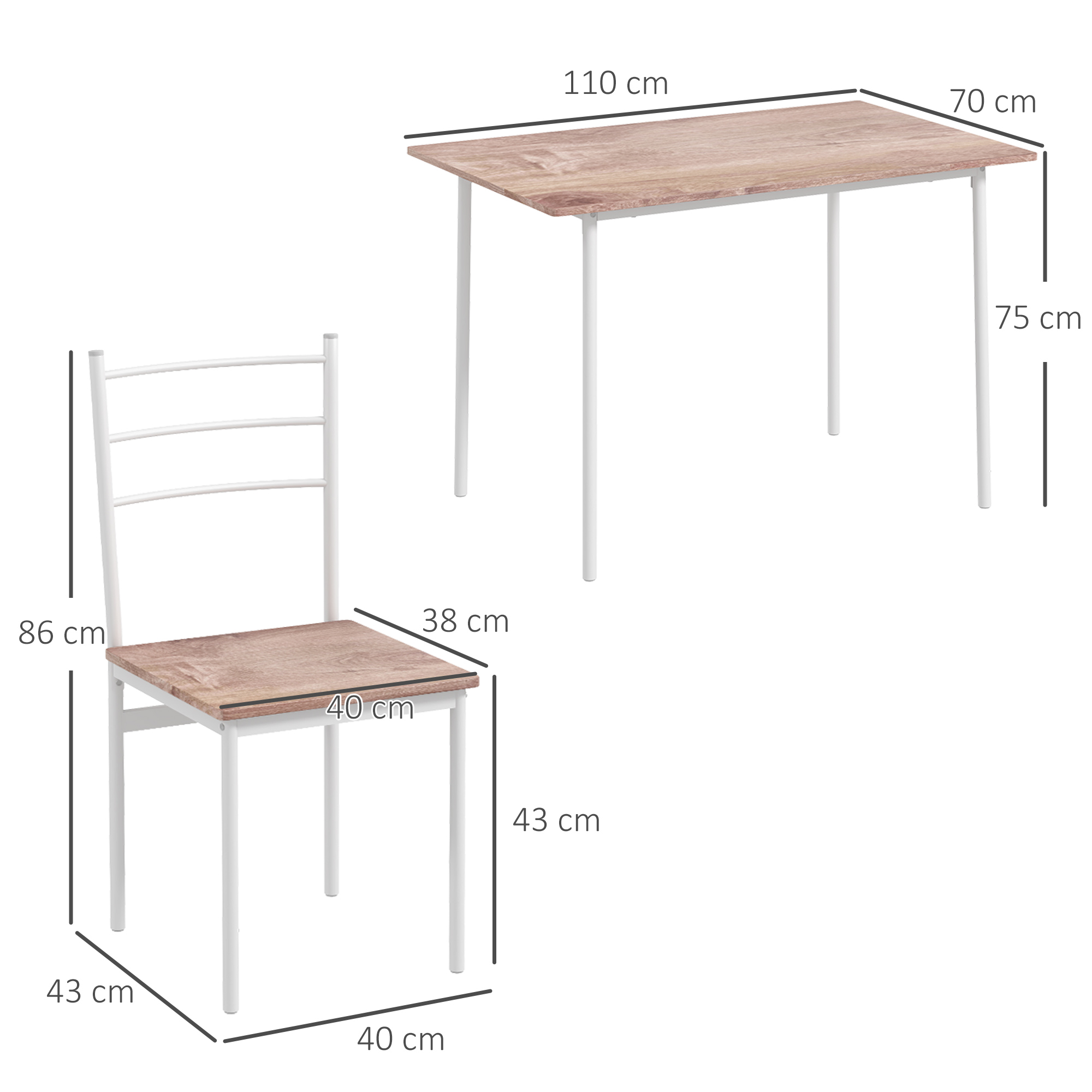 Mesa de madera (110x70x75cm) y silla (40x43x86cm) con patas blancas.