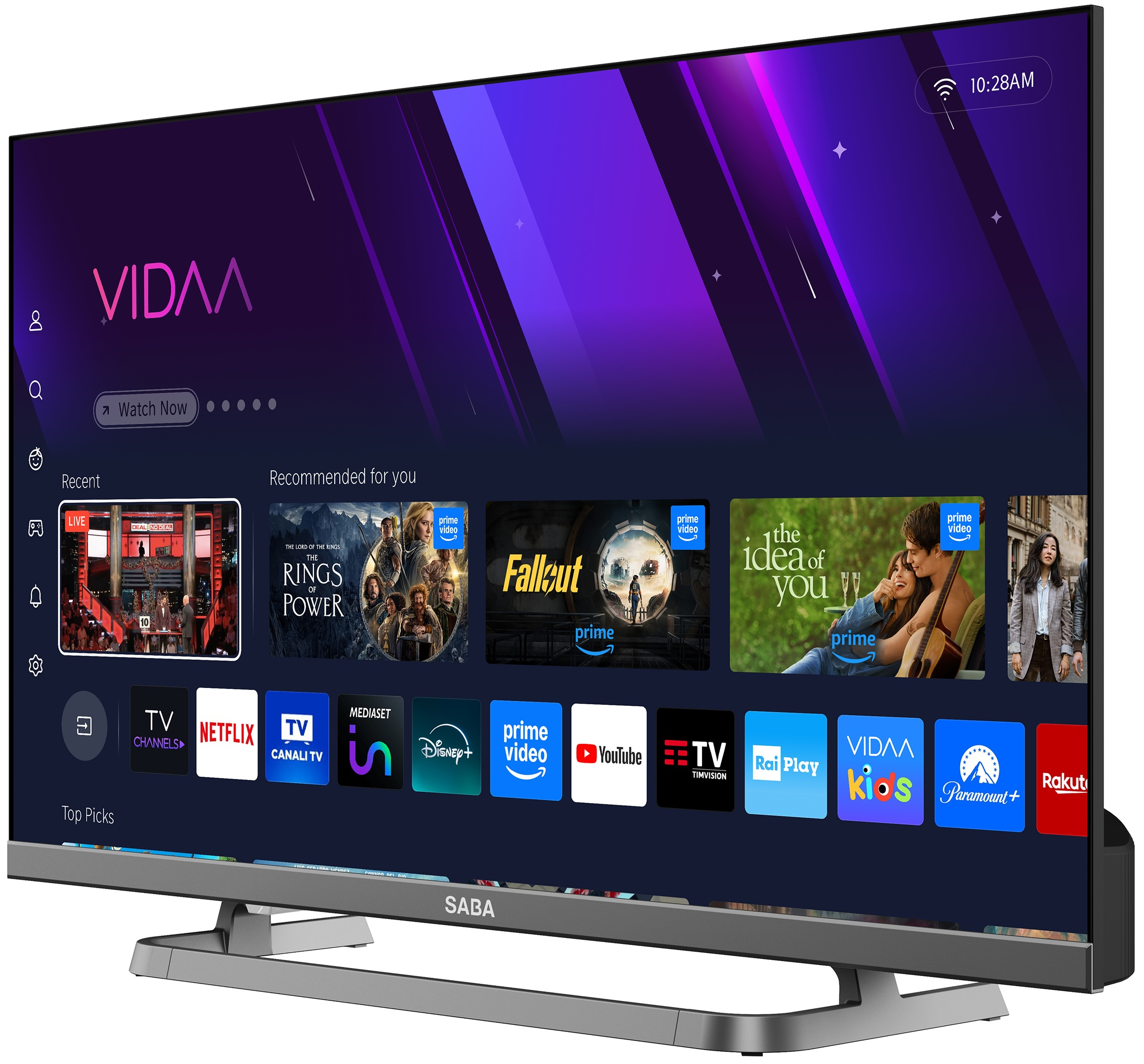 Una smart TV moderna che mostra un'interfaccia viola-blu con icone di app.