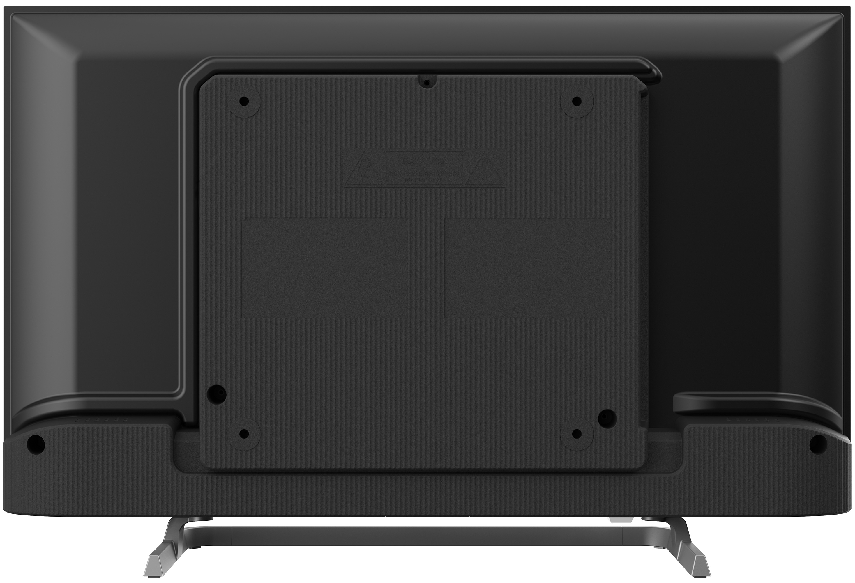 Retro di una TV nera con supporto. Etichetta di avvertenza sul retro.