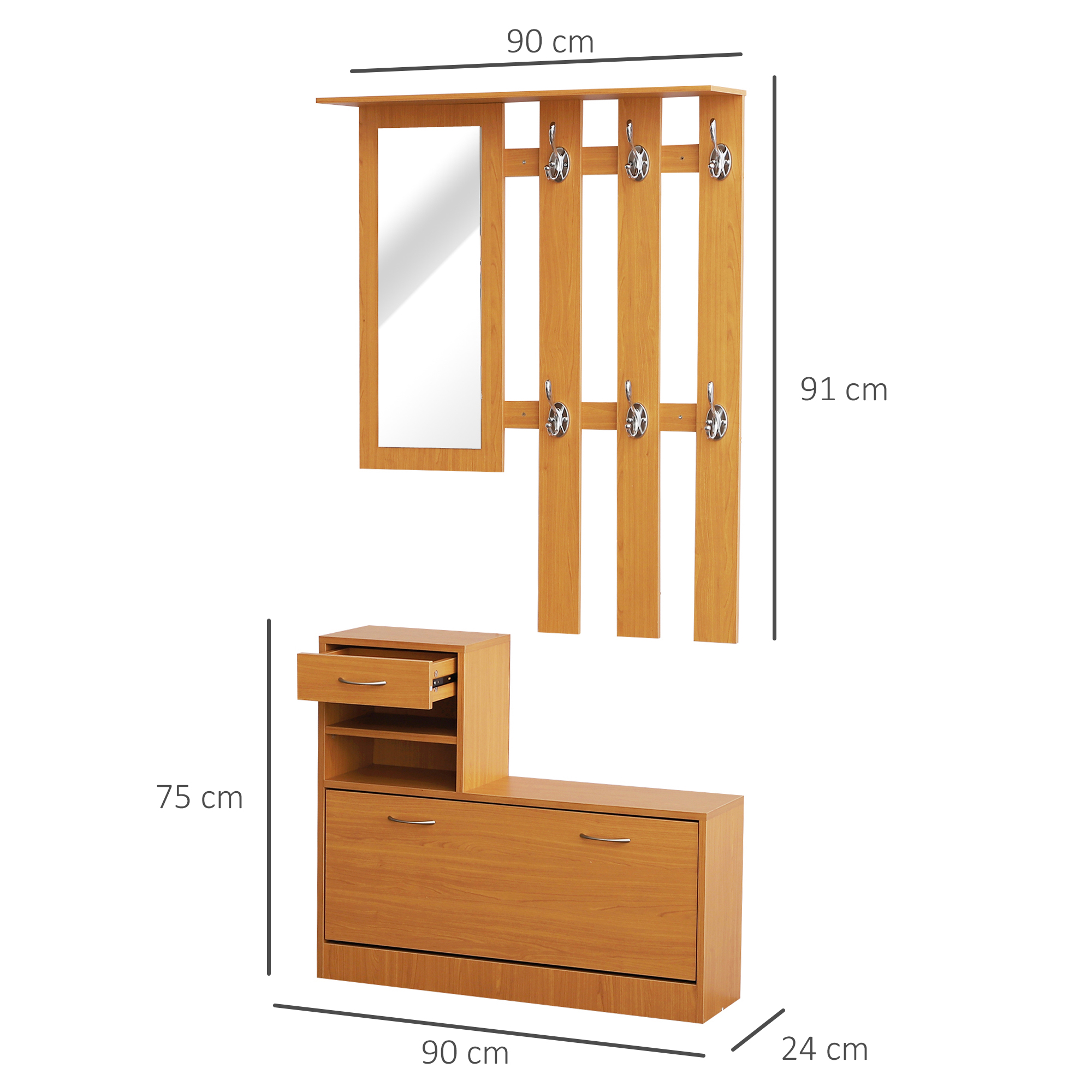 Mueble de recibidor de madera con espejo, 5 ganchos y zapatero.
