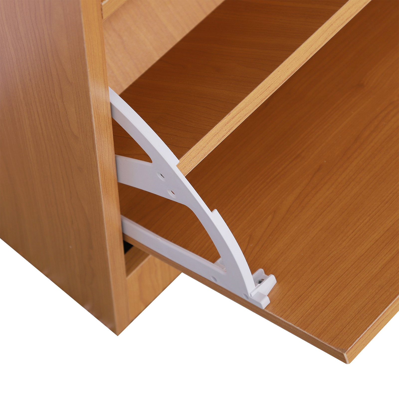 Un armario de madera con un estante extraíble y soporte blanco.