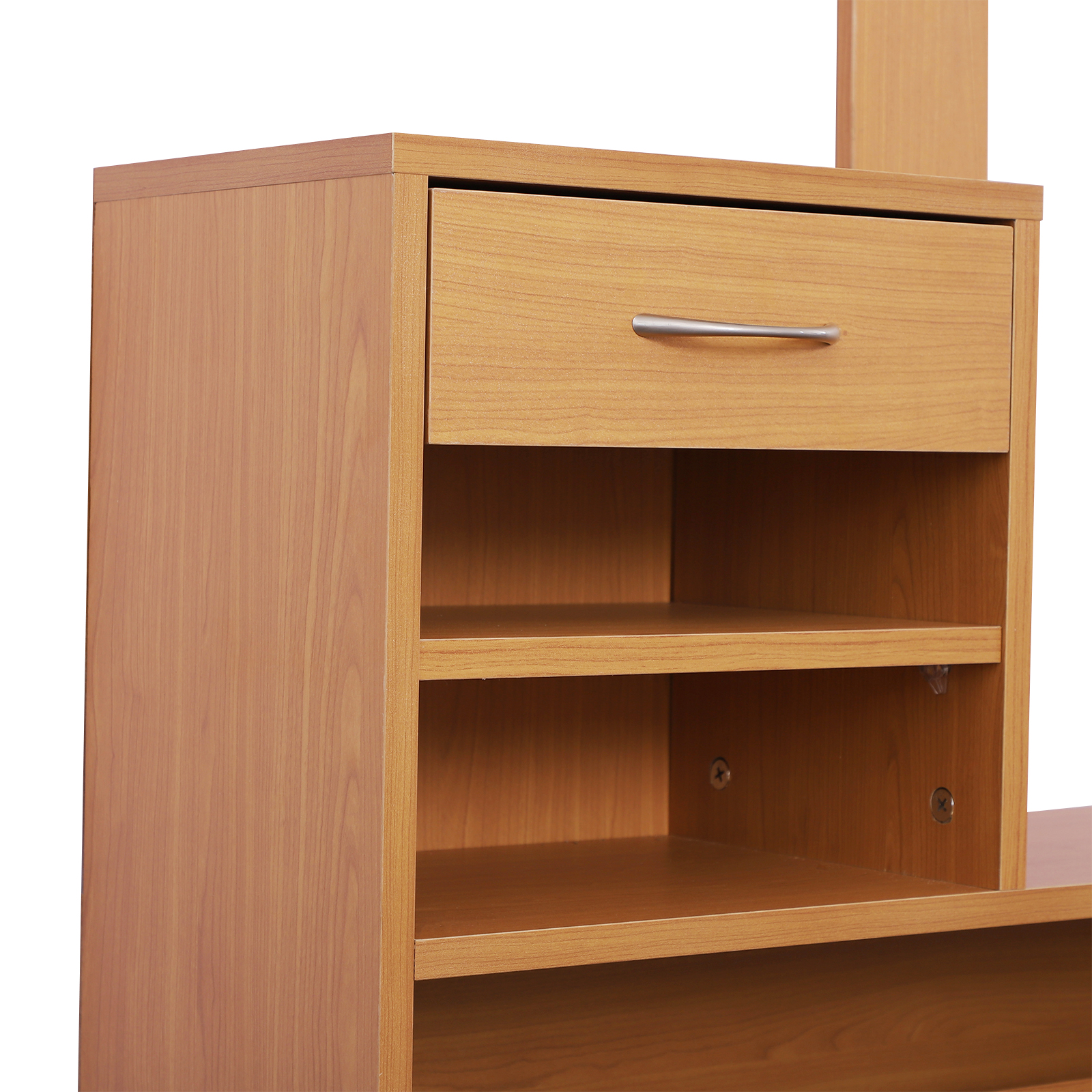 Un gabinete de madera marrón claro con cajón y estantes abiertos.