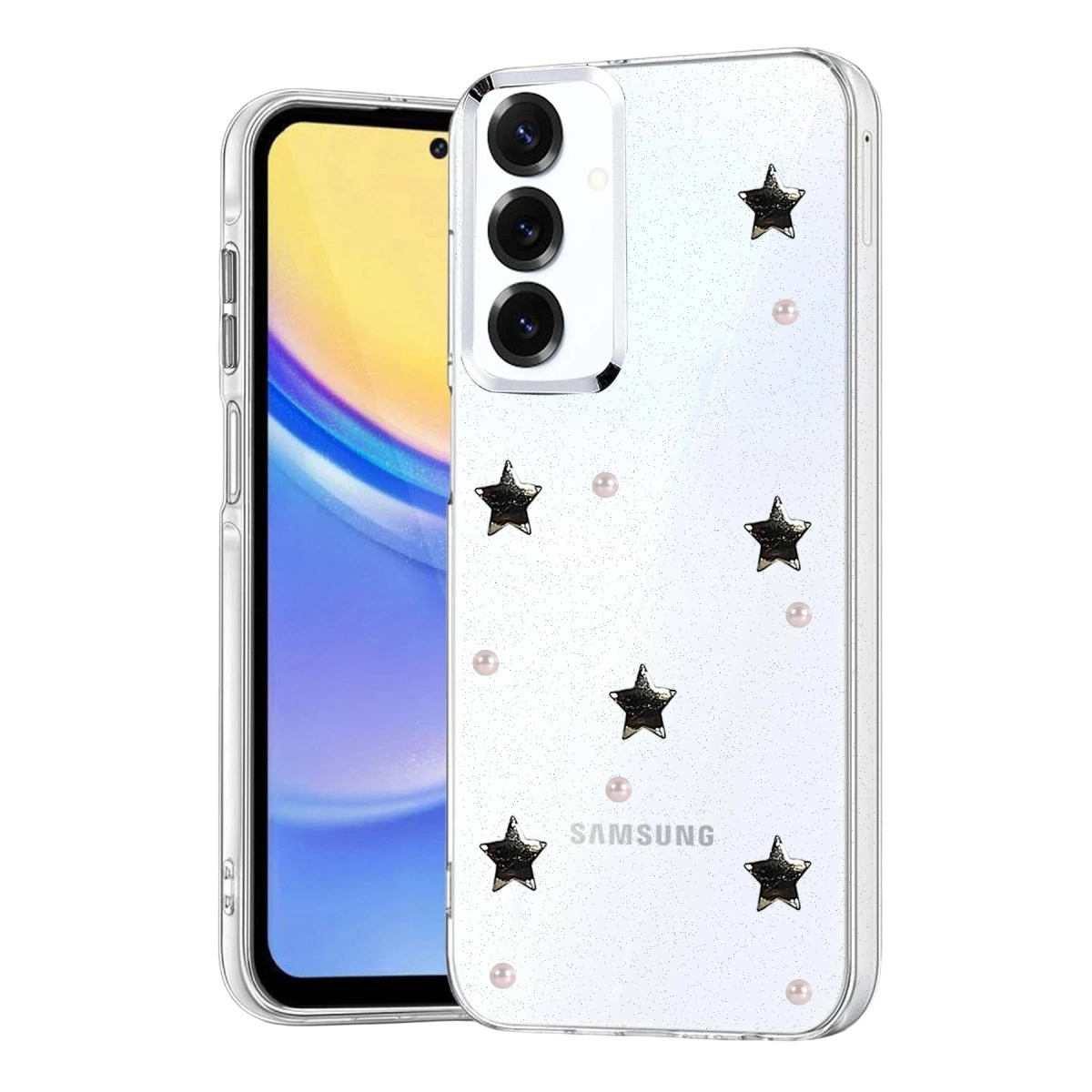 Beyaz zeminde yıldız ve incili şeffaf telefon kılıfı.