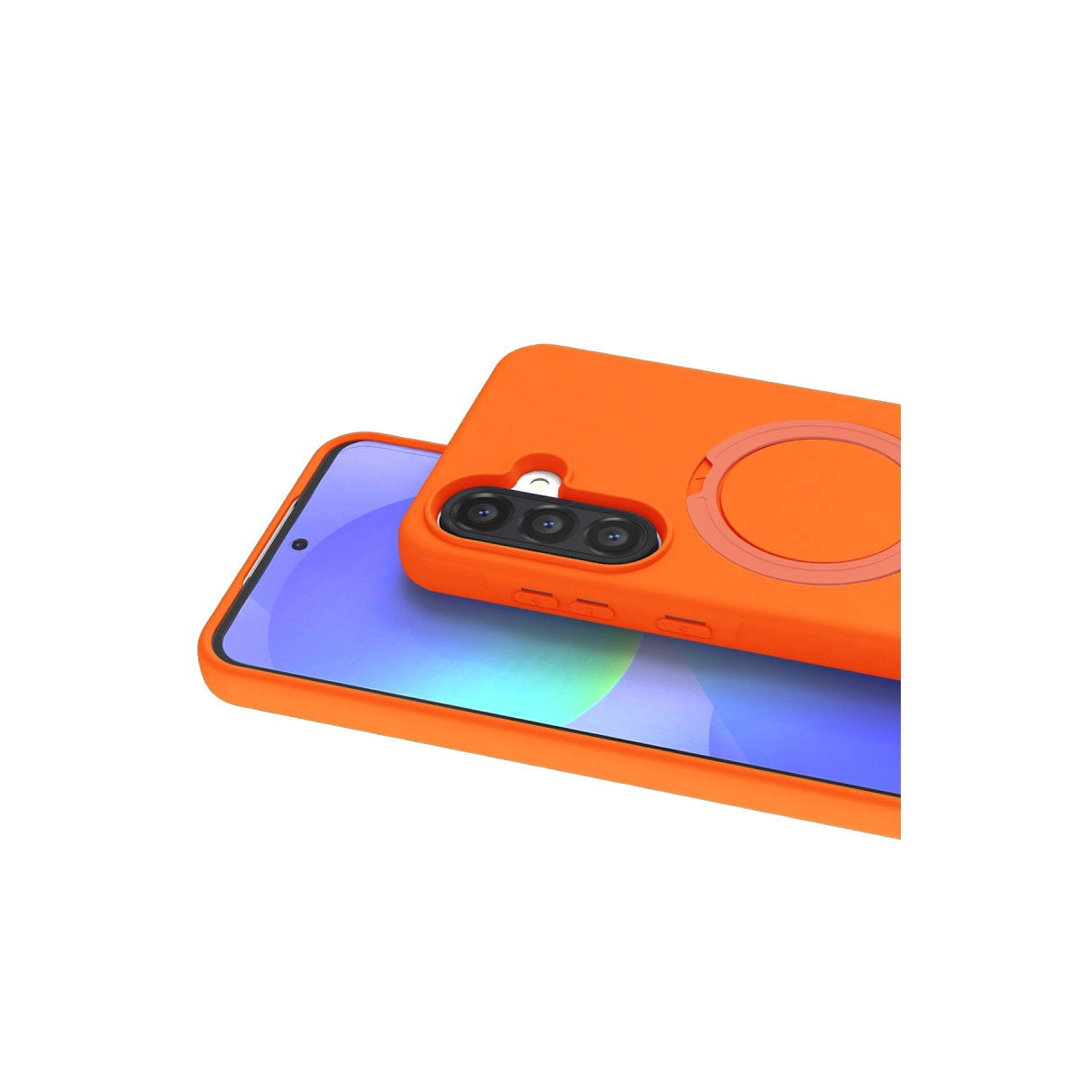 Akıllı telefonda üç kameralı ve halka tutuculu turuncu telefon kılıfı.