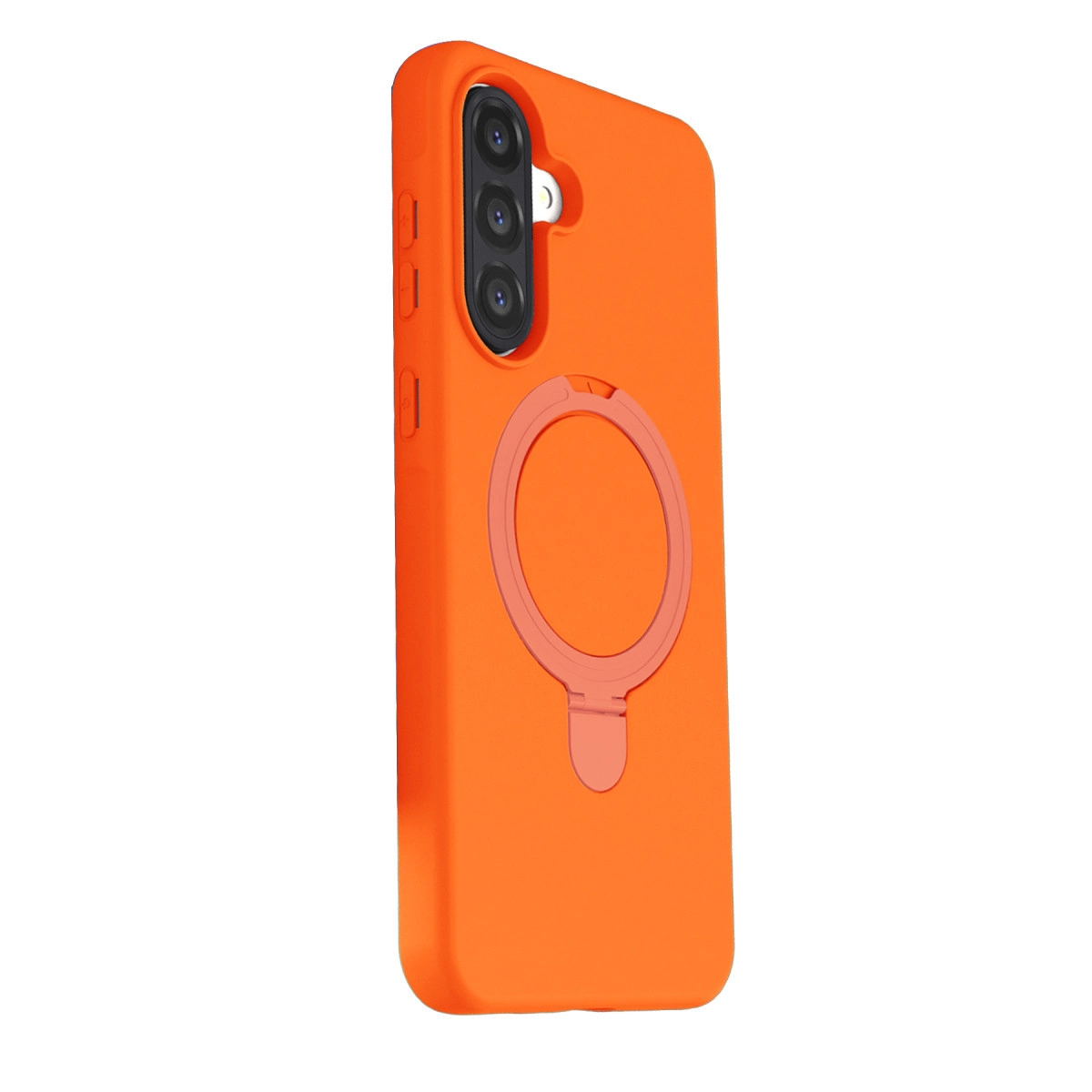 Kamera modülü ve halka tutuculu turuncu telefon kılıfı.
