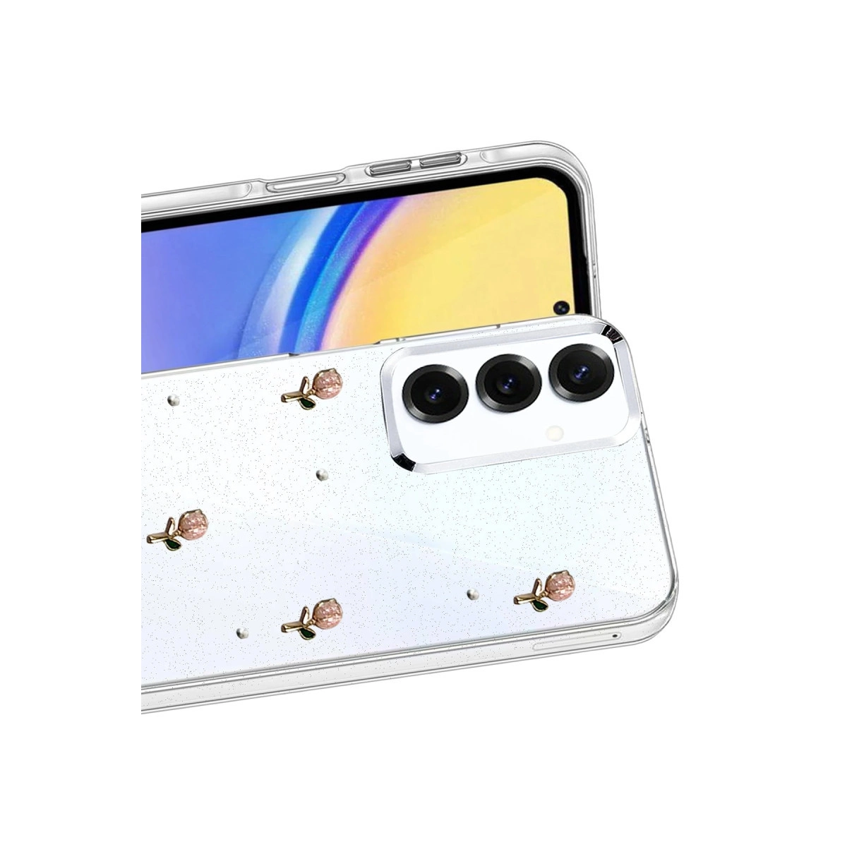 Arkada sim ve gül süslemeli şeffaf telefon kılıfı.