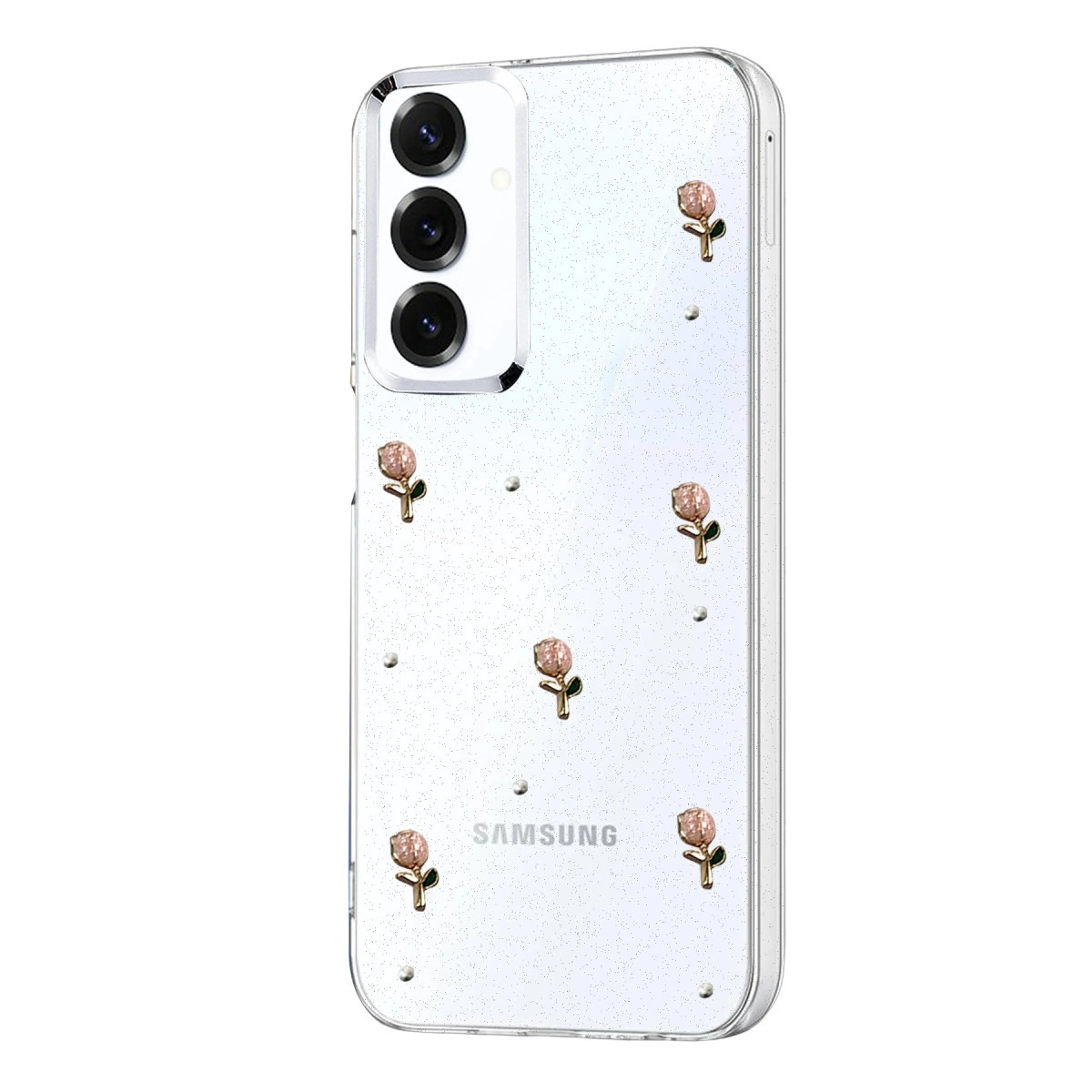 Simli, küçük gül takı ve inci noktacıklı şeffaf telefon kılıfı. Samsung logosu görünür.