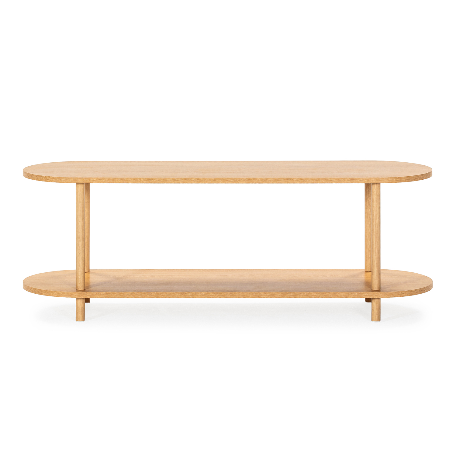 Una mesa de centro de madera con dos estantes ovalados y cuatro patas delgadas.