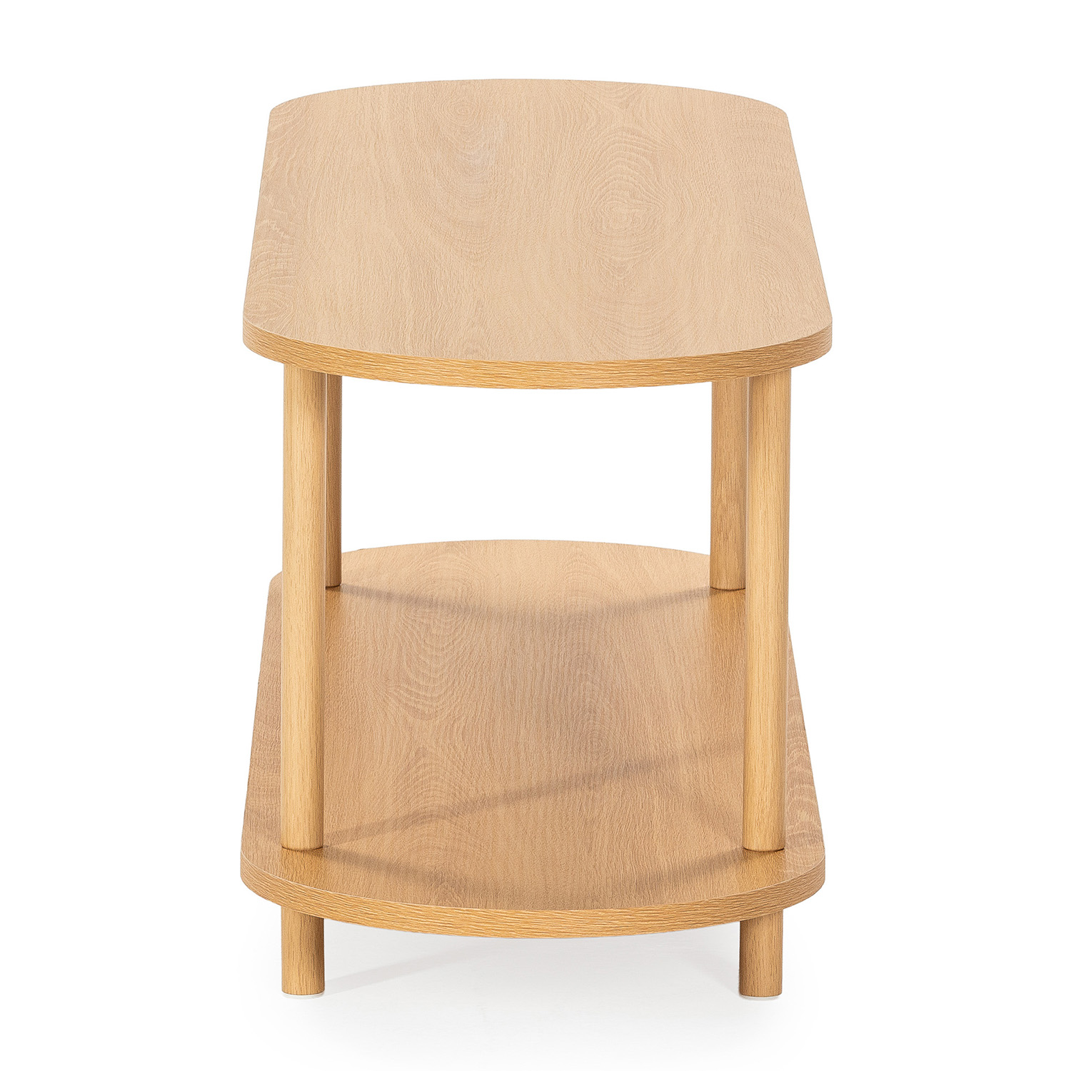 Una mesa de madera clara con dos estantes y esquinas redondeadas.