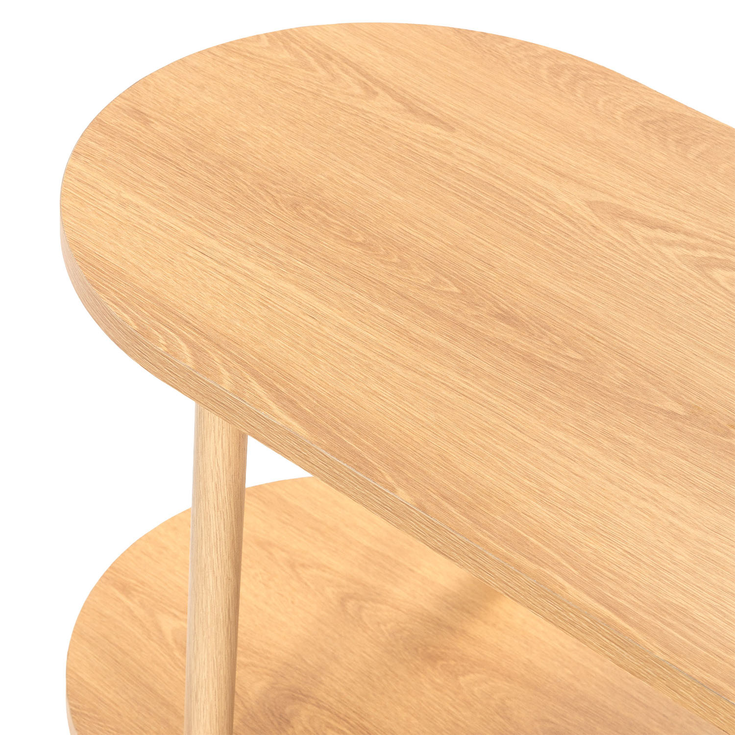 Una mesa de madera clara de dos niveles con bordes redondeados, sobre fondo blanco.