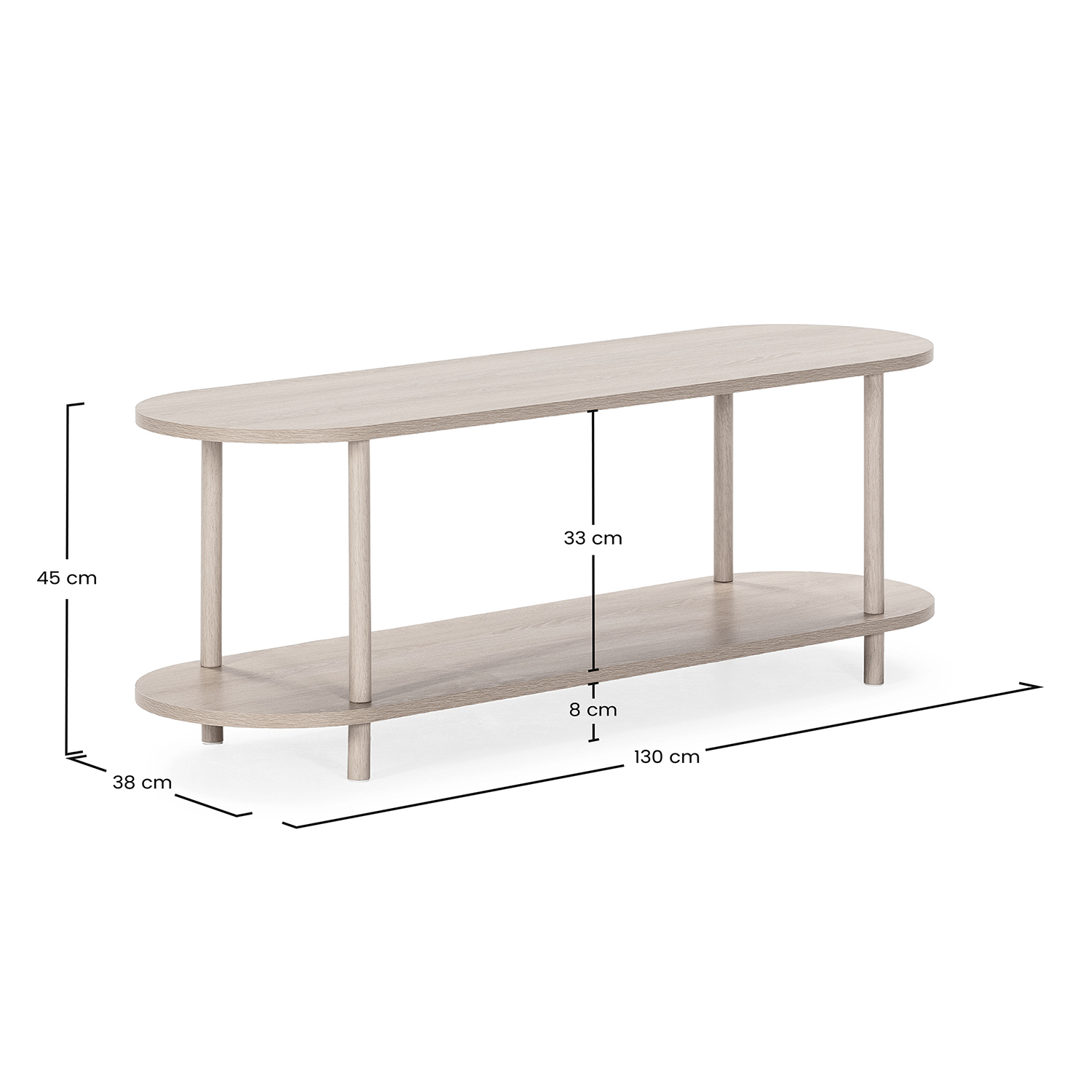 Un estante de madera clara con dos niveles ovalados y cuatro patas. Se muestran las dimensiones.