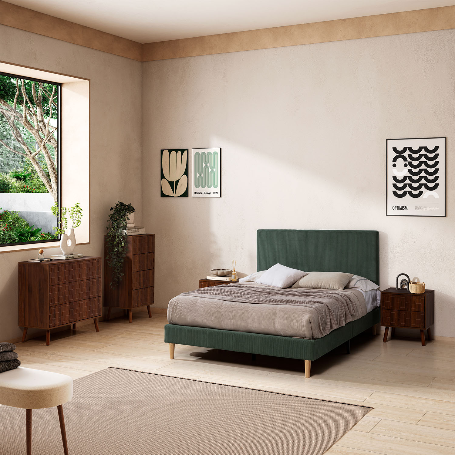 Un dormitorio con cama verde, muebles de madera, ventana grande y arte en la pared.