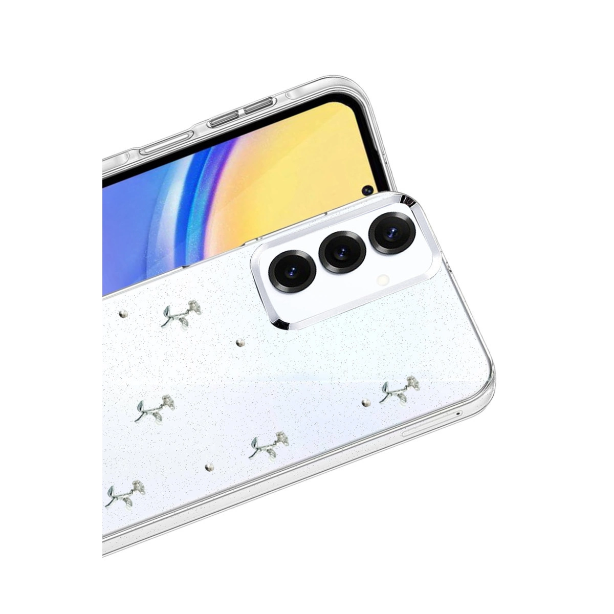 Berrak bir telefon kılıfı, sim ve küçük çiçek tasarımları beyaz arka plan üzerinde.