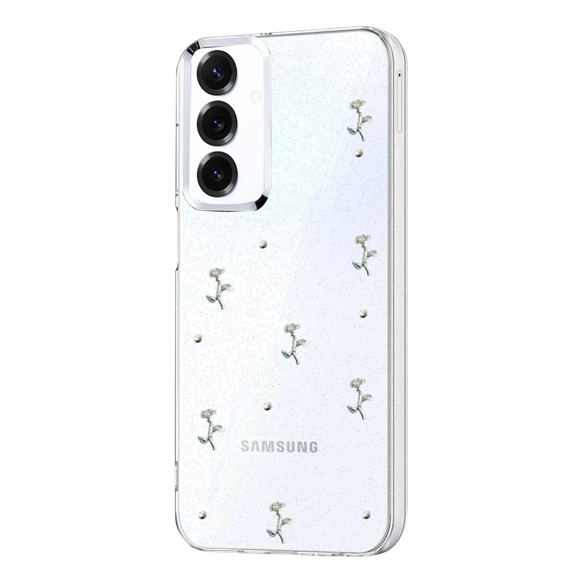 Çiçek ve inci desenli şeffaf kılıf, Samsung logosu.