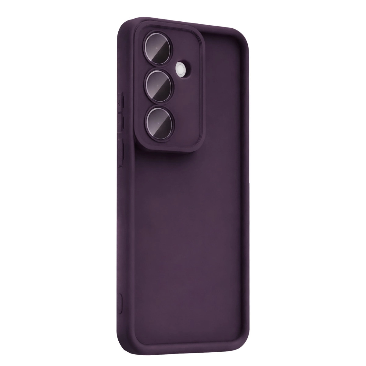 Üç kamera lensi kesimli mor telefon kılıfı.
