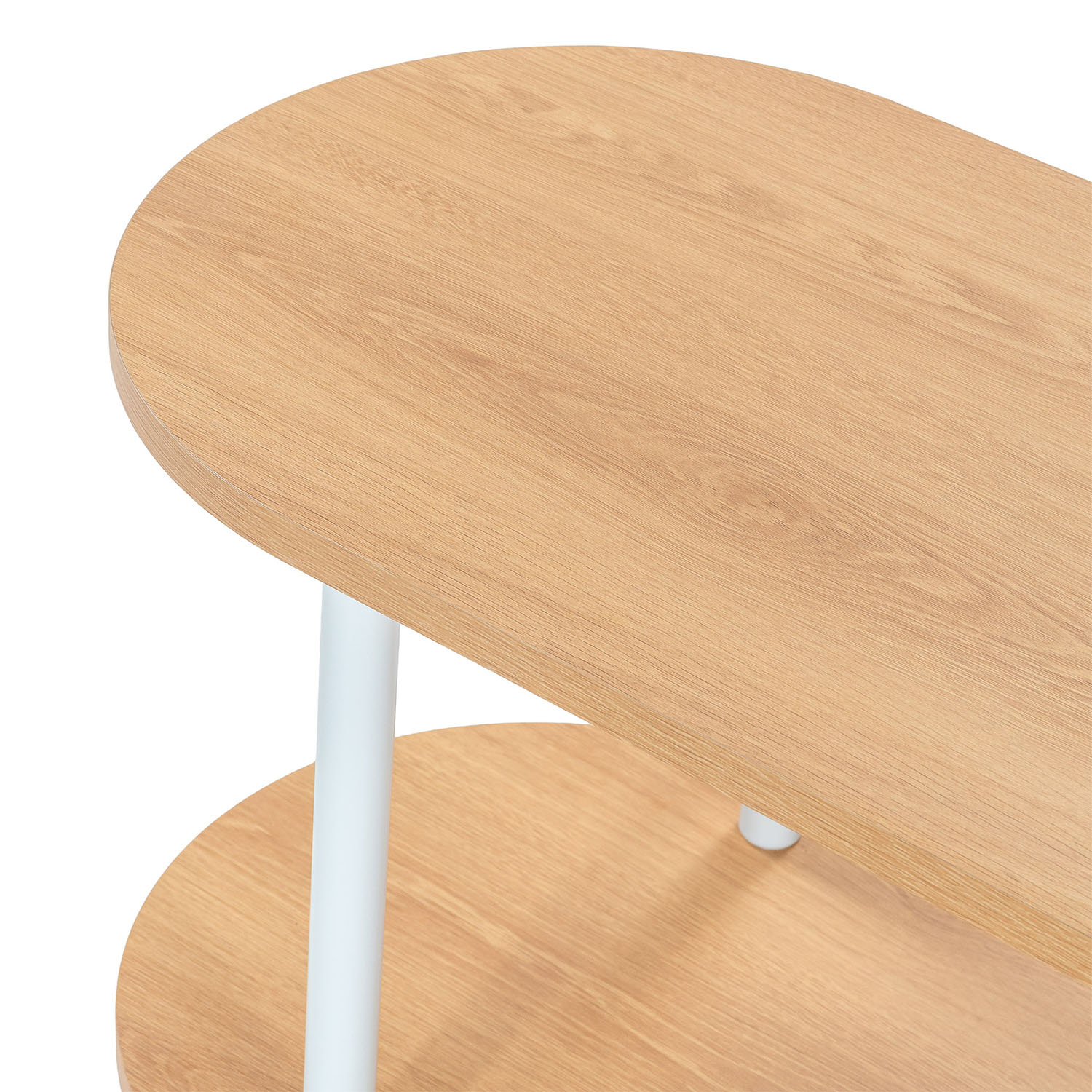 Mesa de madera de dos niveles con patas blancas y bordes redondeados.