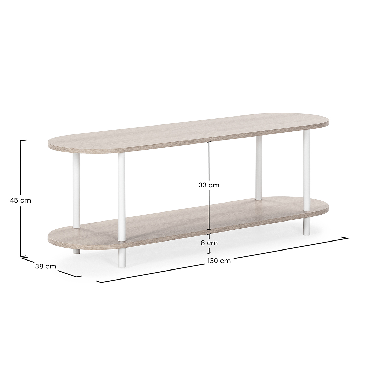 Estantería ovalada de dos niveles con acabado de madera clara y soportes blancos.