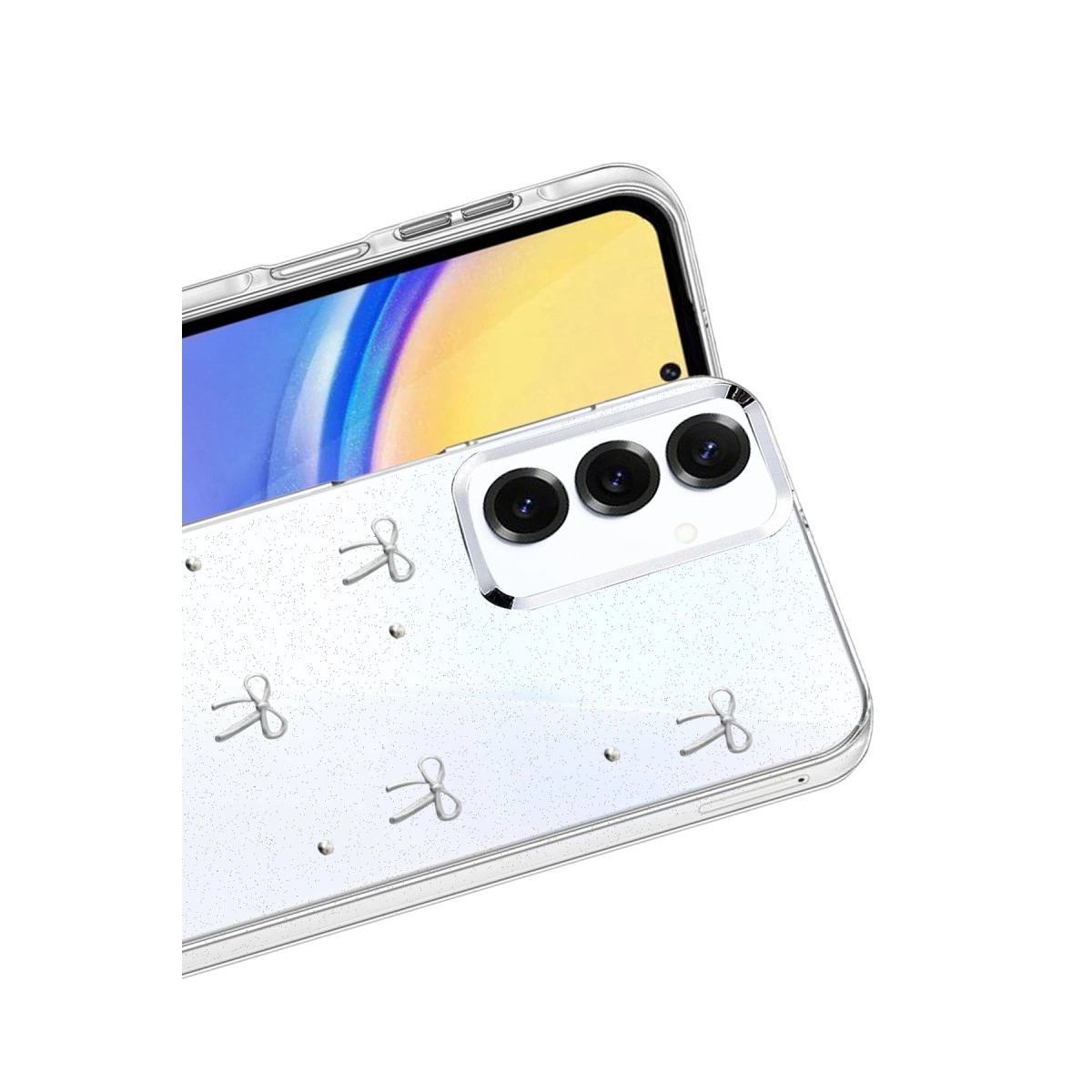 Arkada sim ve fiyonk tasarımlı şeffaf telefon kılıfı.
