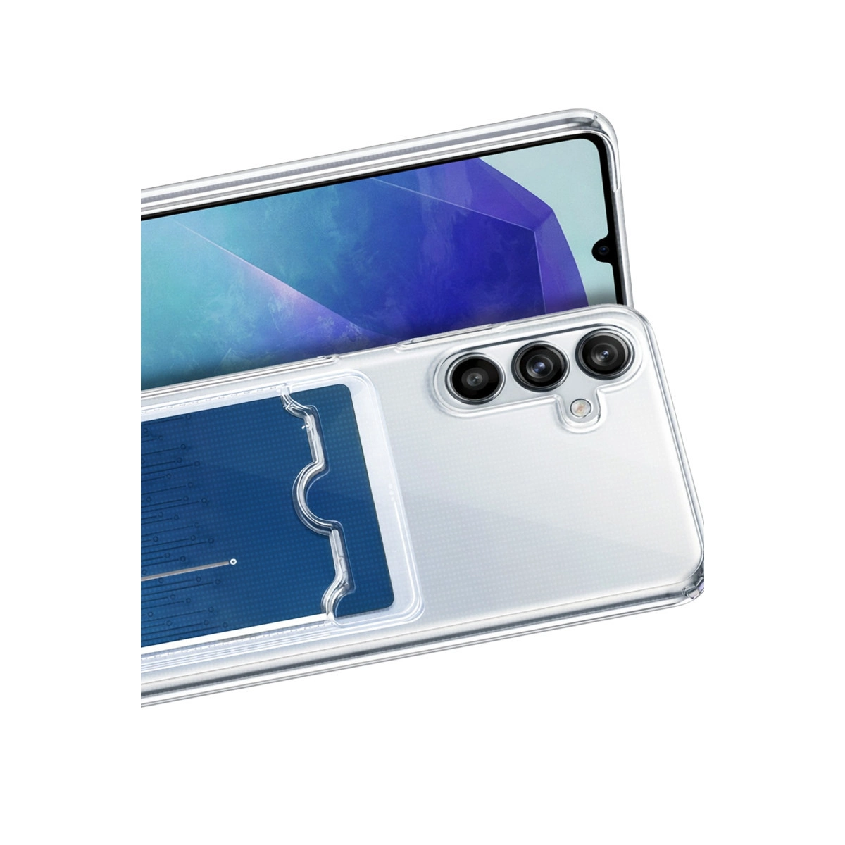 Kart tutuculu ve arkada üç kamera lensli şeffaf telefon kılıfı.