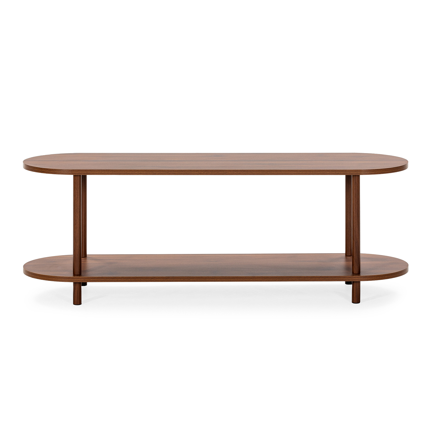 Una mesa rectangular de madera de dos niveles sobre fondo blanco.