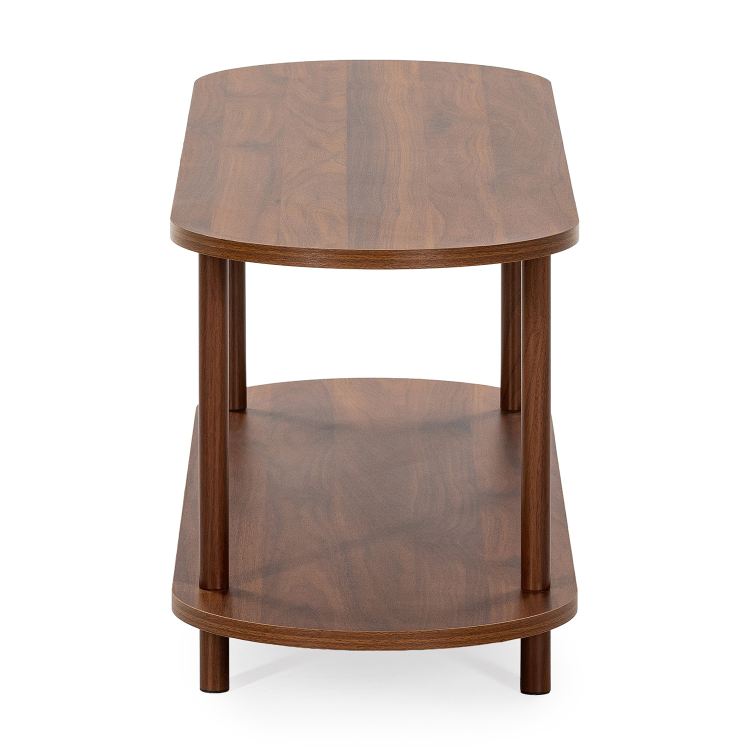 Una mesa de madera marrón de dos niveles con esquinas redondeadas.