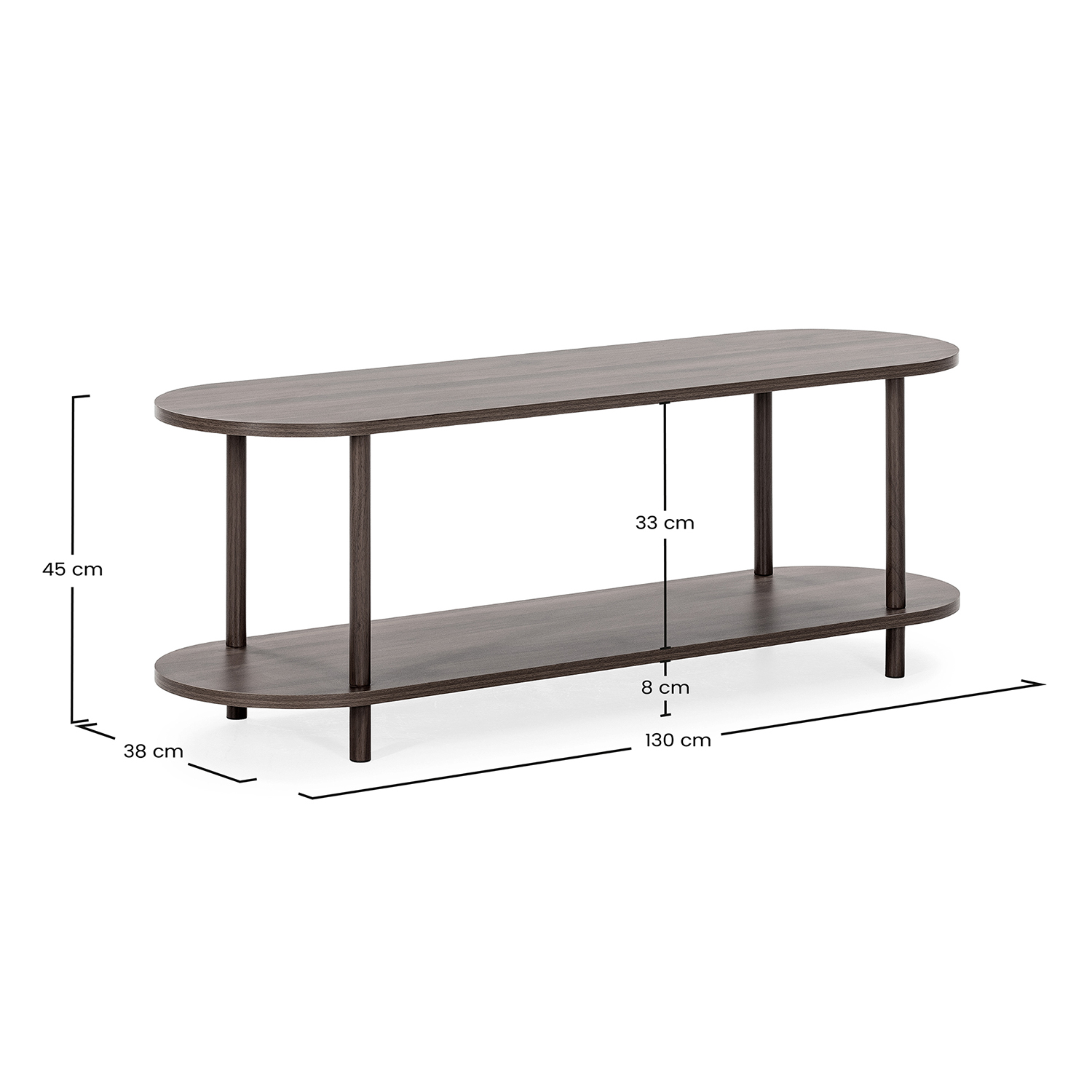 Mesa ovalada de madera oscura de dos niveles con dimensiones.
