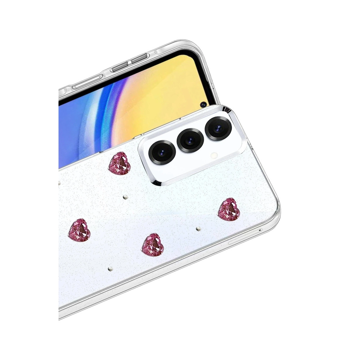 Pembe kalp ve simlere sahip şeffaf telefon kılıfı.