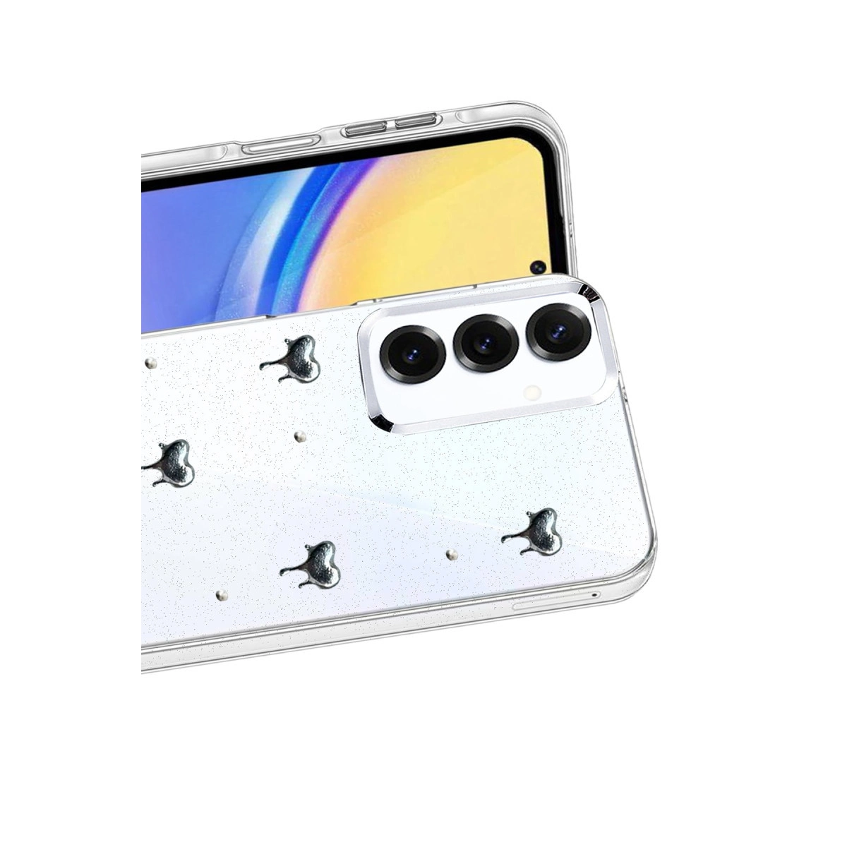 Simli ve küçük kalp tasarımlı şeffaf telefon kılıfı.
