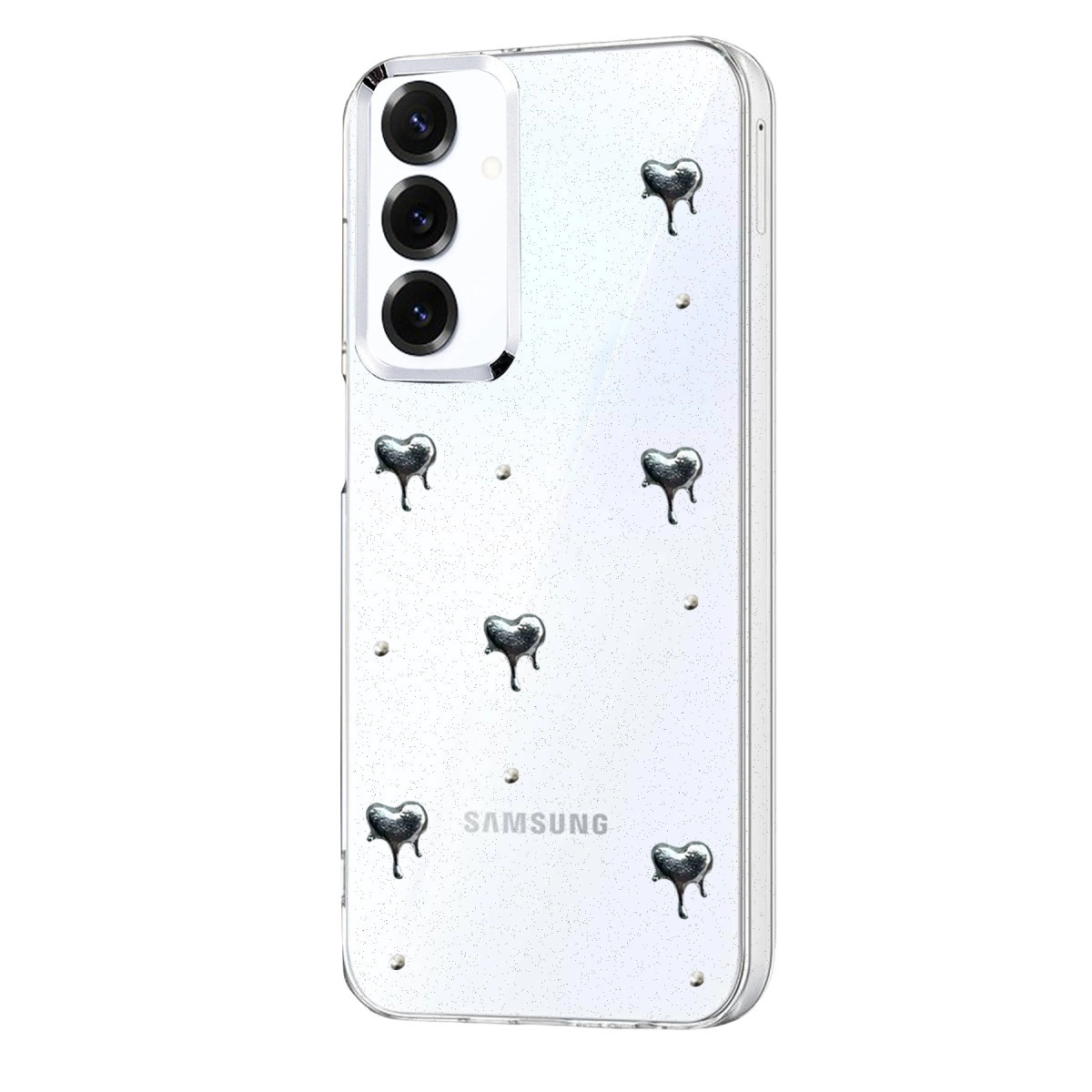 Gümüş damlayan kalpler ve simli şeffaf telefon kılıfı. Altta Samsung logosu.