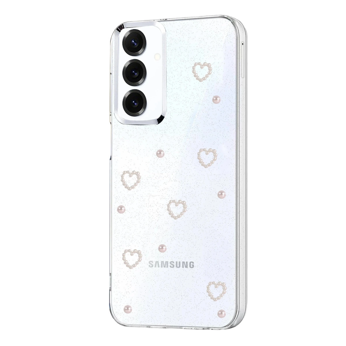 İnci kalpler ve simlerle süslü şeffaf telefon kılıfı, Samsung logosu.