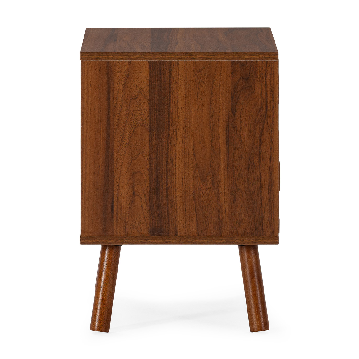 Un mueble de madera marrón con cuatro patas inclinadas.