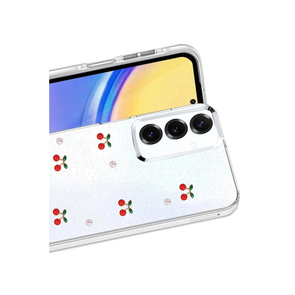 Üç kameralı, kiraz ve inci desenli şeffaf telefon kılıfı.