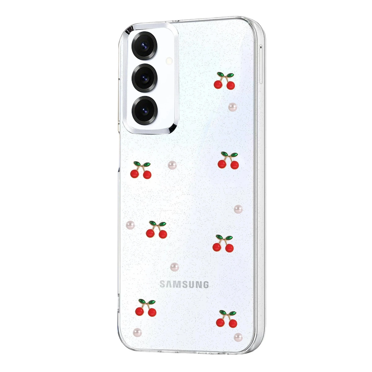 Kiraz ve inci desenli şeffaf telefon kılıfı. Arkada birden fazla kamera.