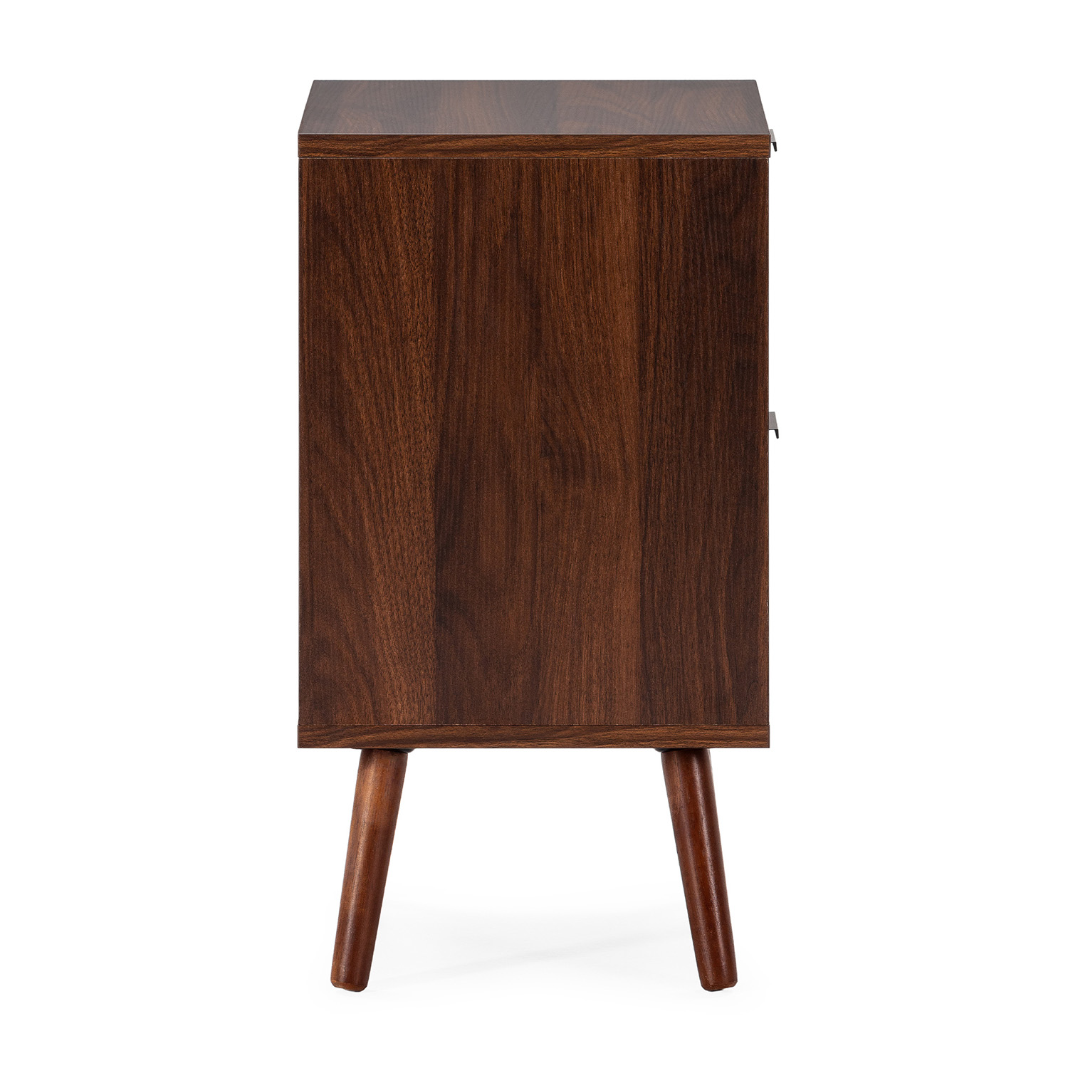 Un mueble de madera oscura con cuatro patas inclinadas, visto de lado.