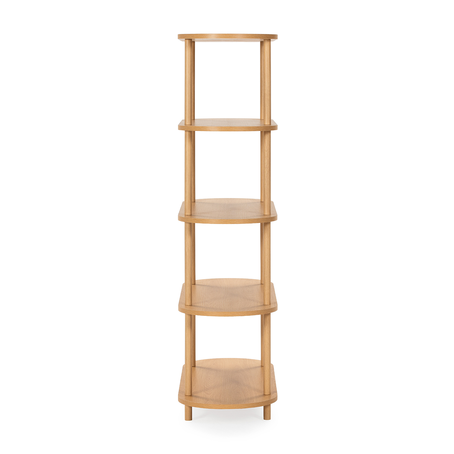 Un estante vertical de madera clara con cuatro baldas redondas y cuatro soportes verticales.