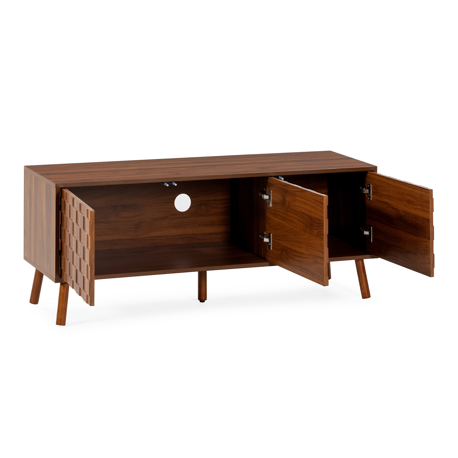 Mueble de madera marrón oscuro sobre cuatro patas con puertas abiertas y agujero para cables.