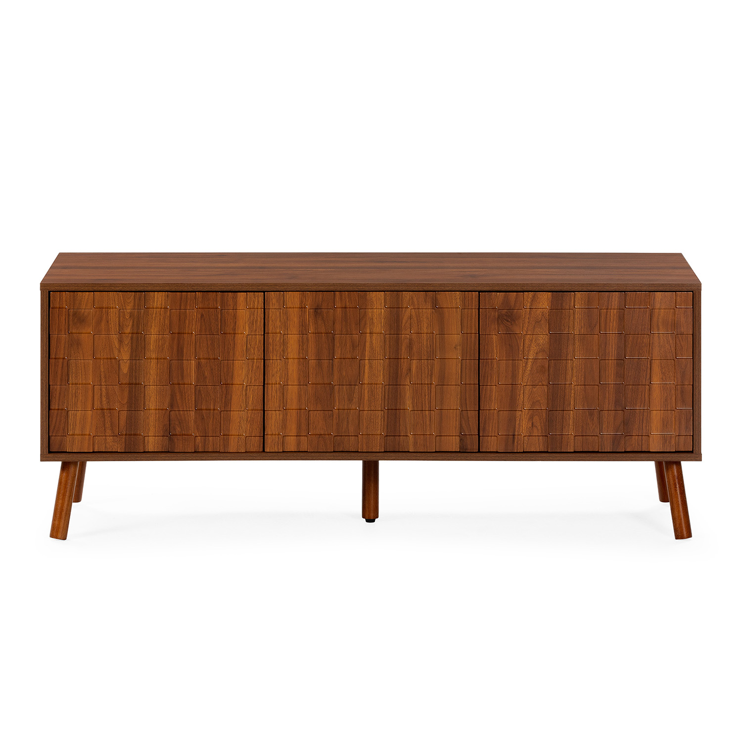 Mueble de madera marrón oscuro con tres puertas y patas anguladas.