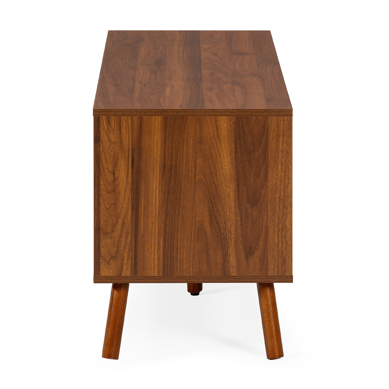 Una mesa auxiliar de madera marrón oscuro con cuatro patas anguladas sobre fondo blanco.