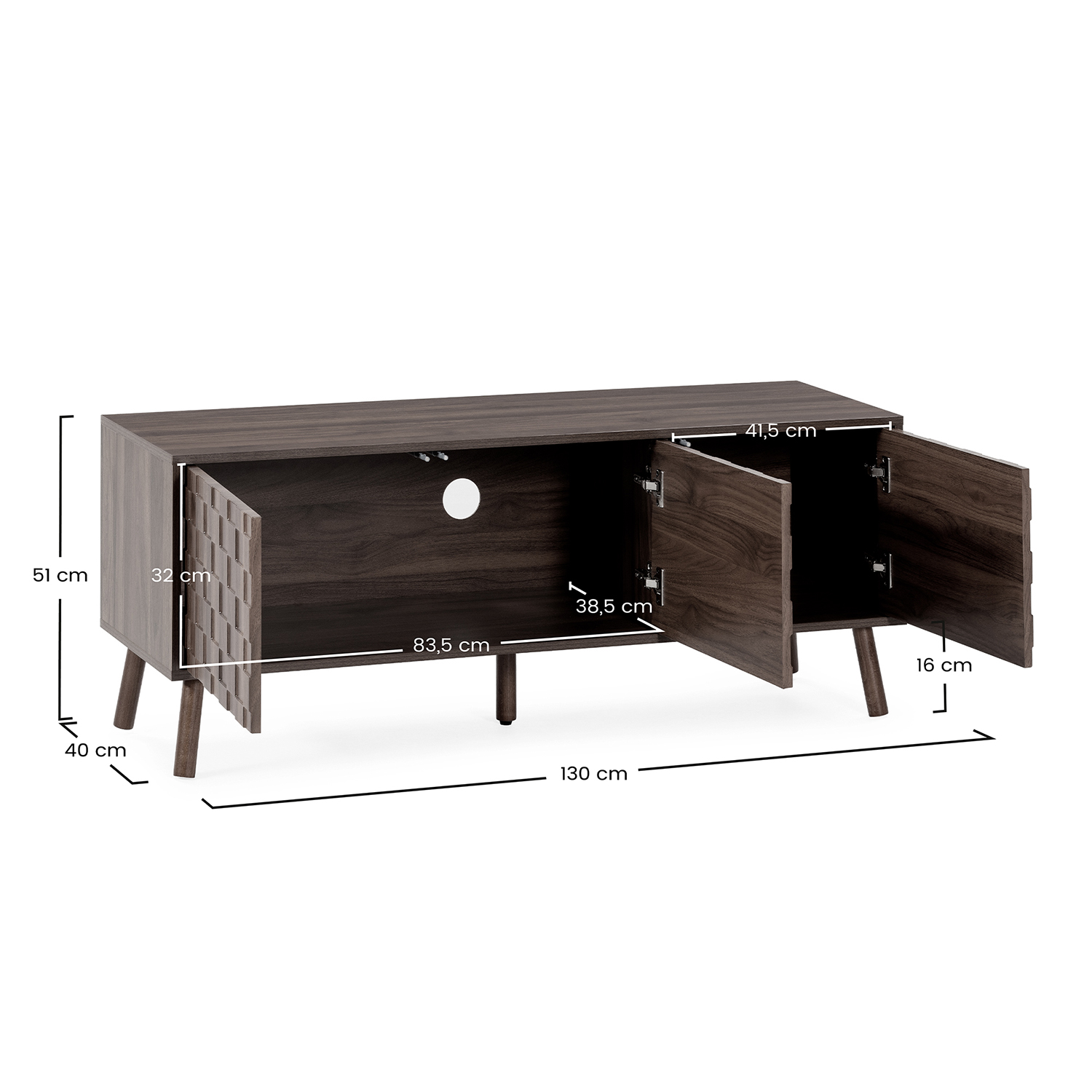 Mueble TV madera oscura con 2 puertas abiertas, dimensiones: 130cm An, 51cm Al, 40cm Pr.
