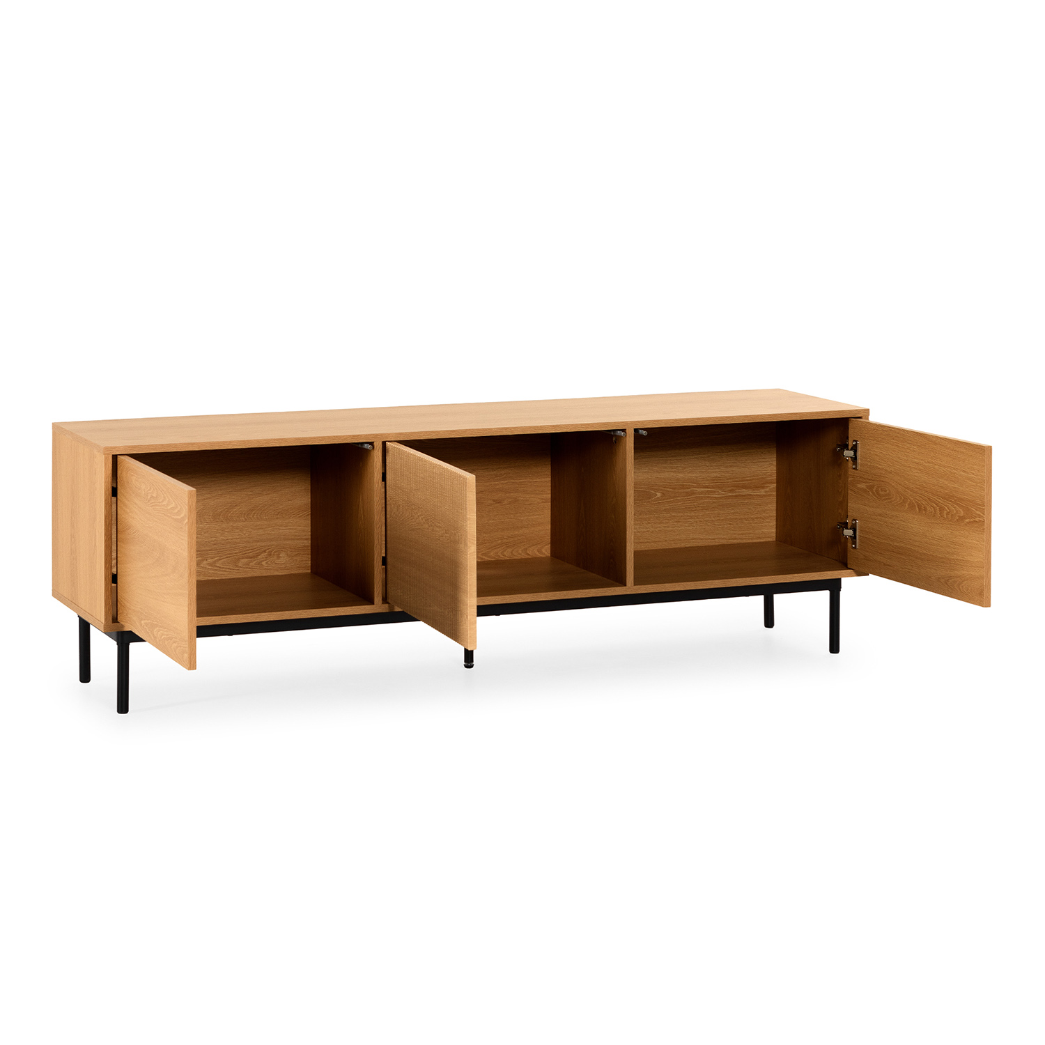 Un mueble largo de madera clara con puertas abiertas y patas negras.