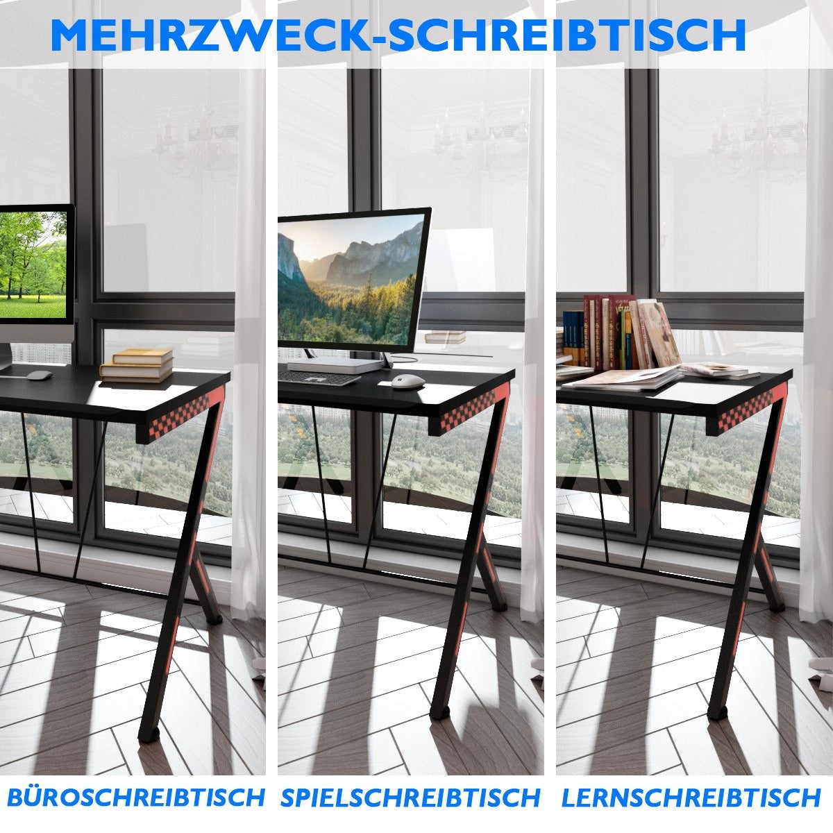 Drie aanzichten van een zwart bureau met rode accenten en Z-poten.