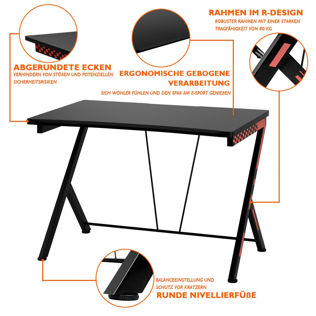 Zwarte gaming bureau met R-design frame, afgeronde hoeken en verstelbare voetjes.