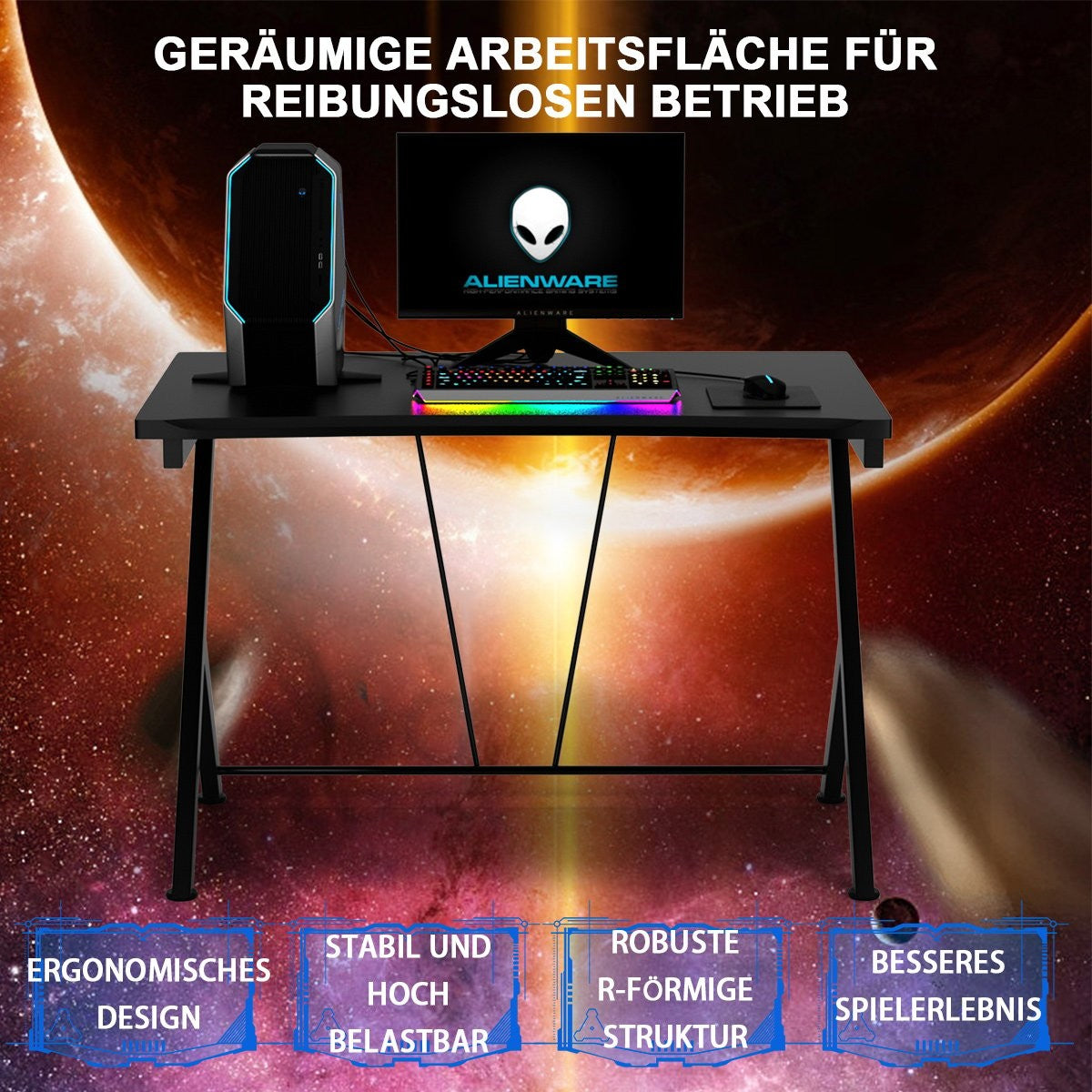 Zwart bureau met gaming-pc, monitor, toetsenbord en muis. Ruimte-achtergrond.